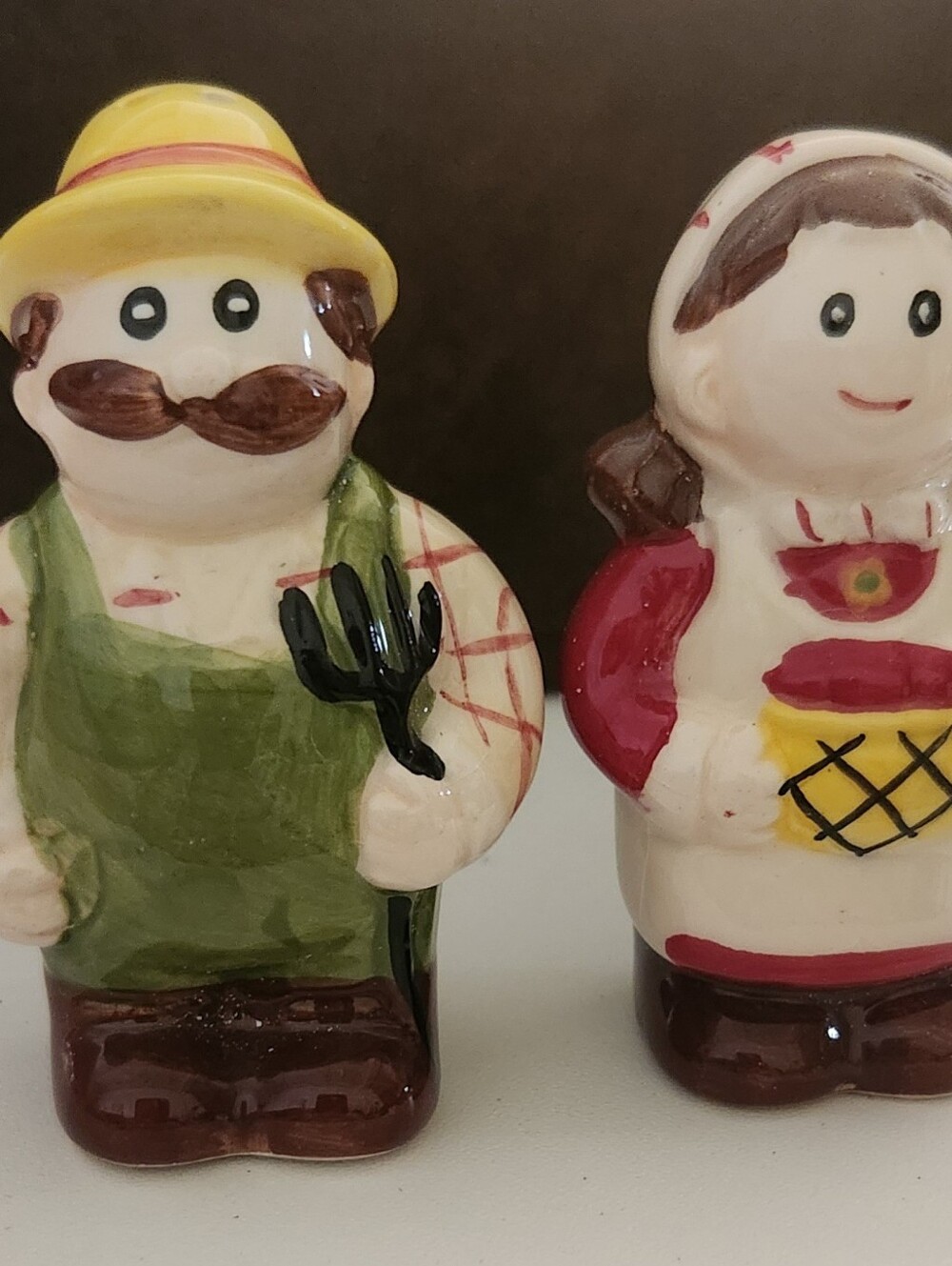 Ceramic Farmer & Homemaker Salt and Pepper Shaker Set - Yellow, Green, Red